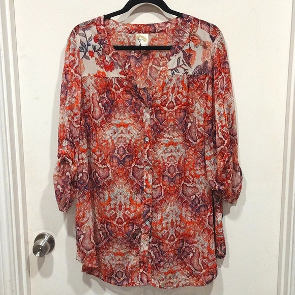 Fig & Flower Women's Mixed Print Semi-Sheer Button Front Top 2X-Snake & Floral - Picture 1 of 7
